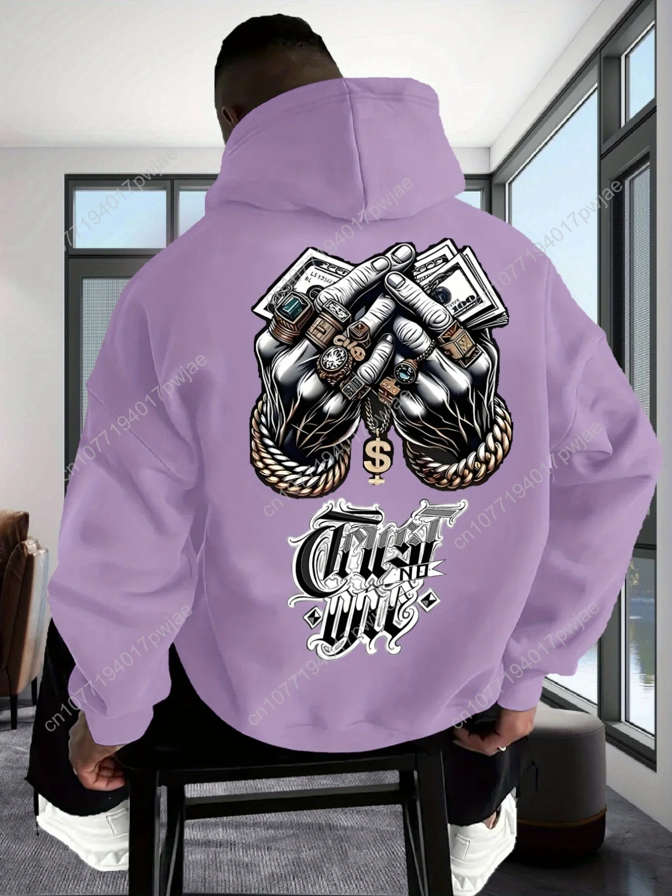 Moletom com capuz masculino com correntes douradas de dinheiro estampa gráfica/pulôver de streetwear inspirado em Rap/moletom casual com cordão