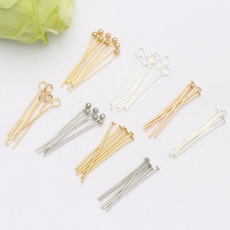 

100pcs/lot 20mm 25mm 30mm 50mm Flat/Ball/Eye Head Pins 14k Gold Plated Headpins Making Jewelry Findings DIY Supplies