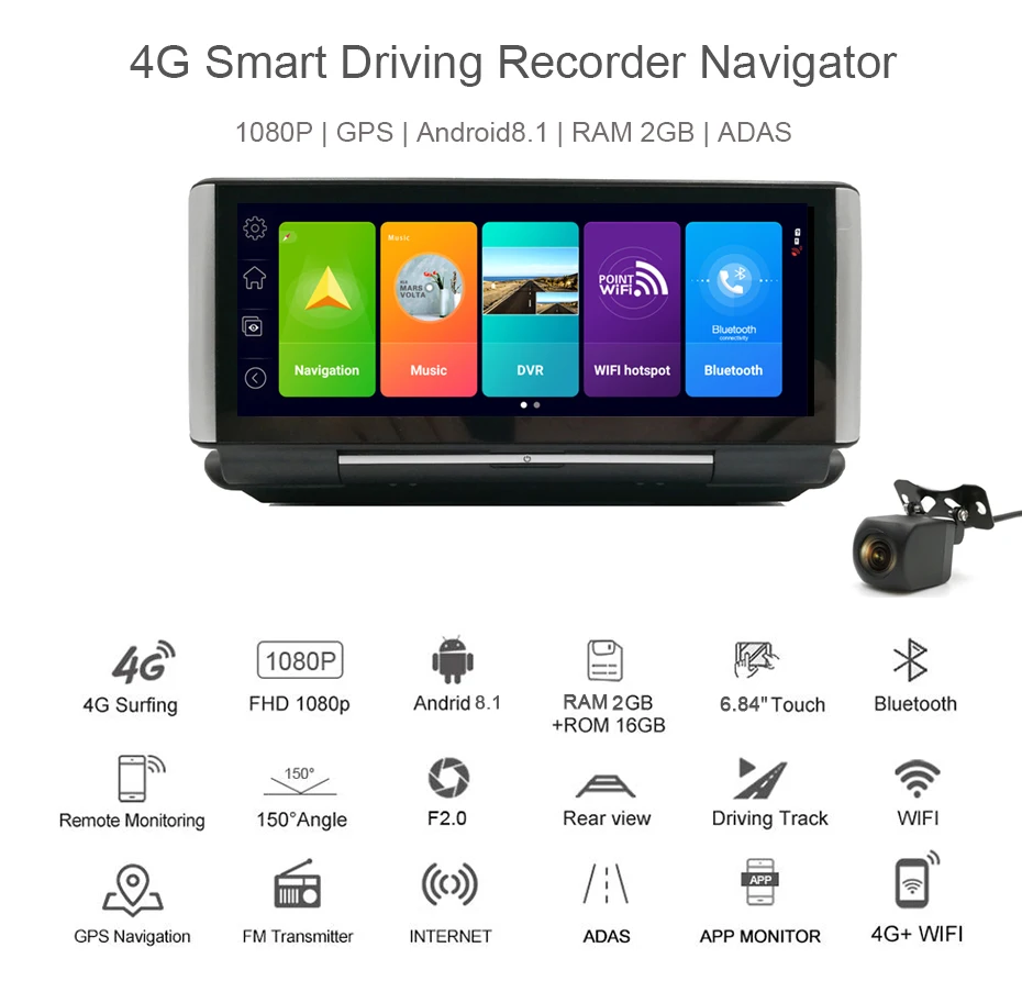 7 Inch 4G WIFI Android 8.1 Car Dash Camera 2+16GB GPS Navigation ADAS FHD 1080P AUTO Video Recorder DVR Remote Monitor