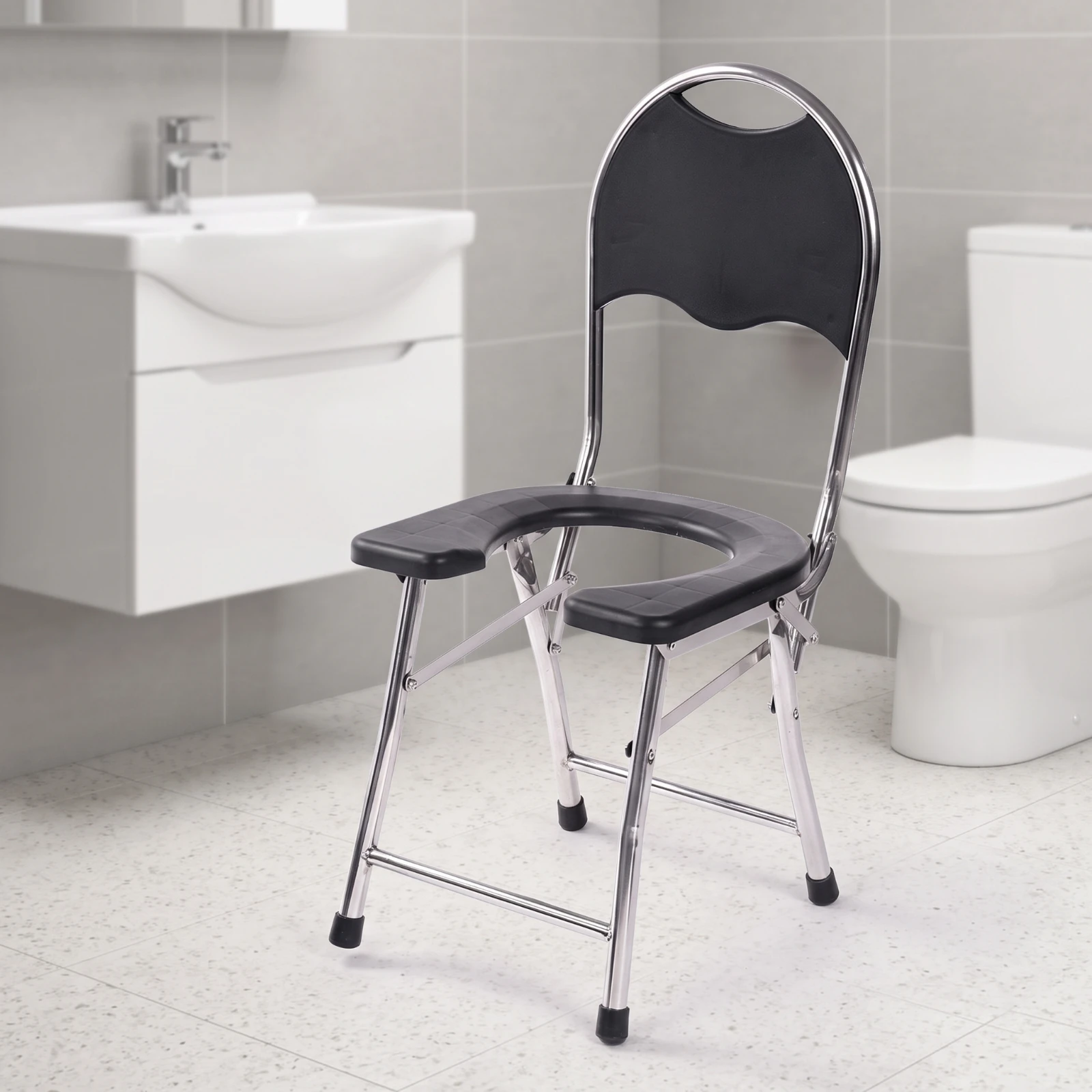 Chaise de toilette pliante en forme de U avec dossier, siège de toilette portable compact et soutenant pour les personnes âgées, à placer au chevet du lit.