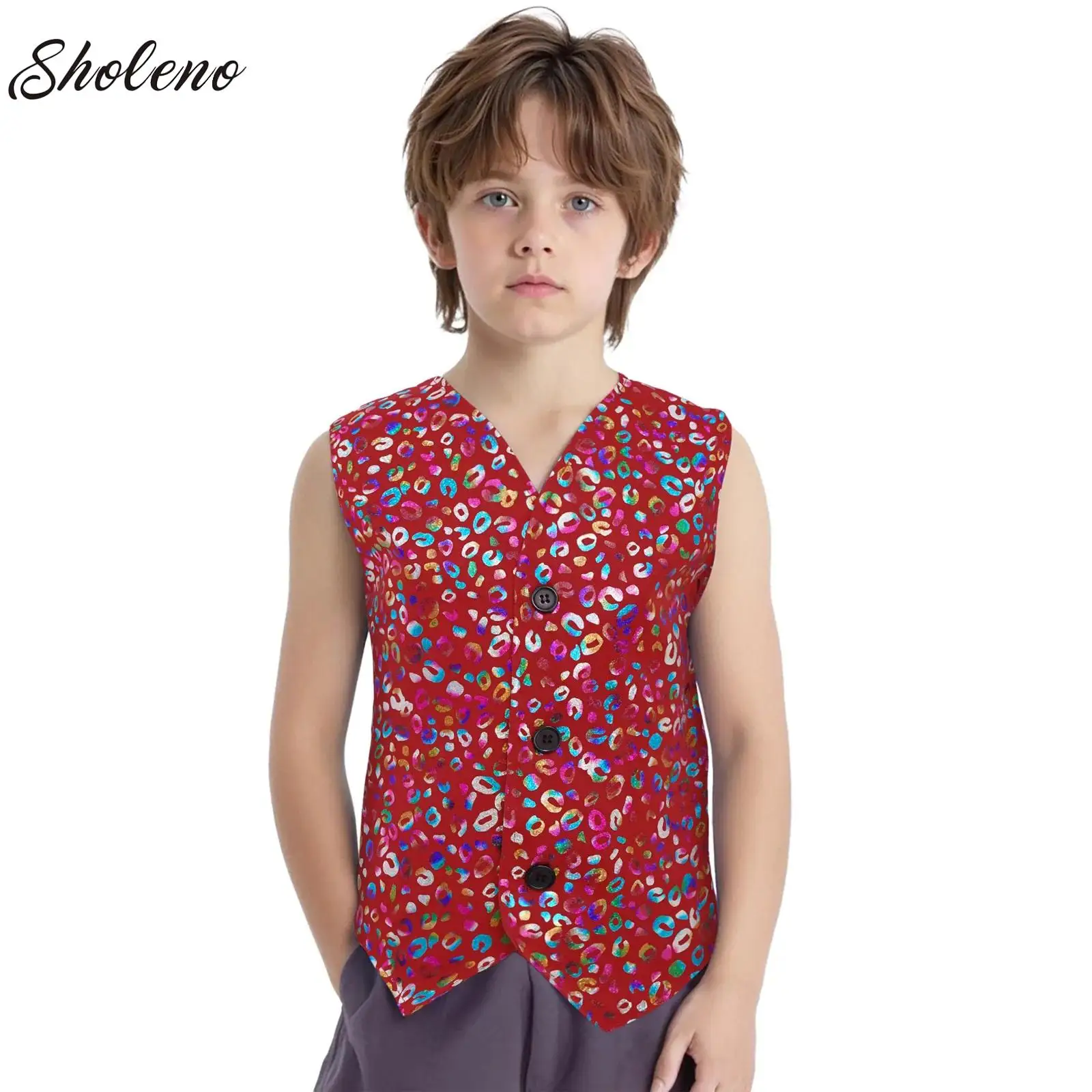 

Kids Boys Girls Latin Jazz Hip Hop Dance Vest Waistcoat Shiny Leopard Disco Party Fancy Dress Up Choir Stage Performance Costume