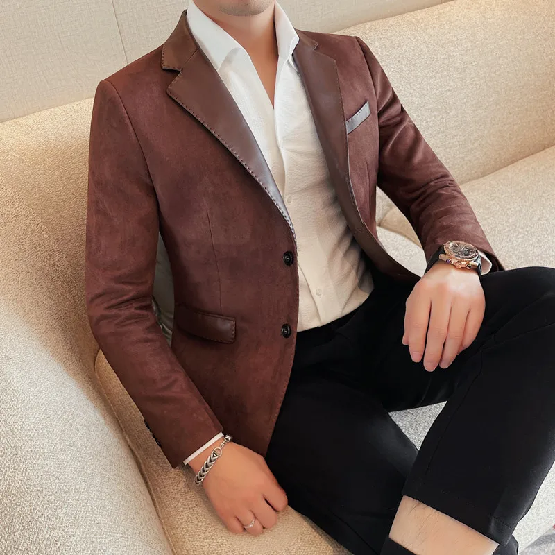 High-quality Fashion Collar Splicing Leather Single West Men\'s Solid Color Two Grain Single Breasted Business Casual Suit  M-4XL