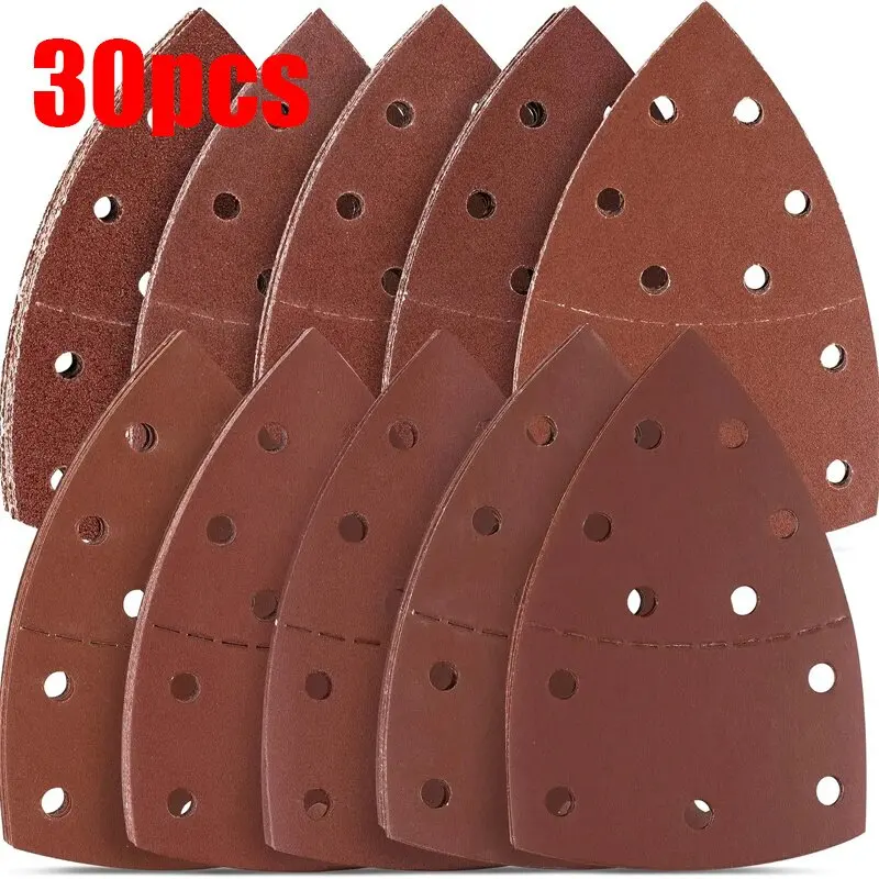 30Pcs 11-Hole Triangle Sandpaper 40-240 Grit, Alumina Abrasive for Woodworking, Dry Sanding Polishing, for Orbital Sander