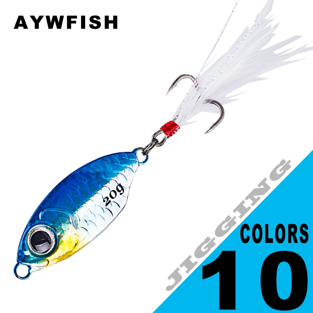 AYWFISH 1PCS Metal Casting Jig Artificial Vibration 10G / 15G / 20G Fishing Metal Bait Jigging Spoons With Feather Treble Hook