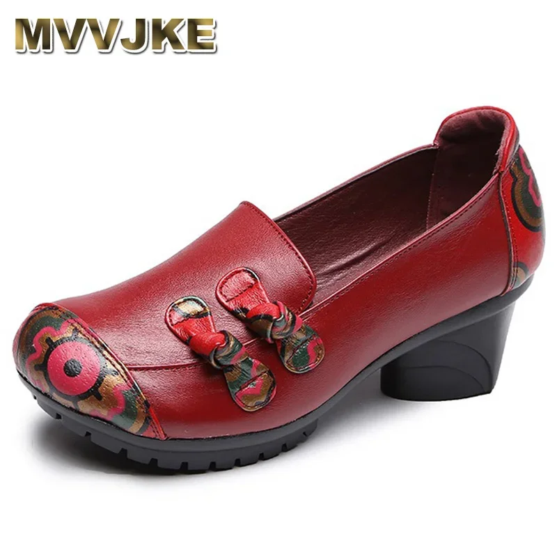

MVVJKE/женские туфли-лодочки без шнуровки в этническом стиле, туфли на высоком каблуке с круглым носком и граффити, женские туфли из натуральной кожи на толстом каблукеE022