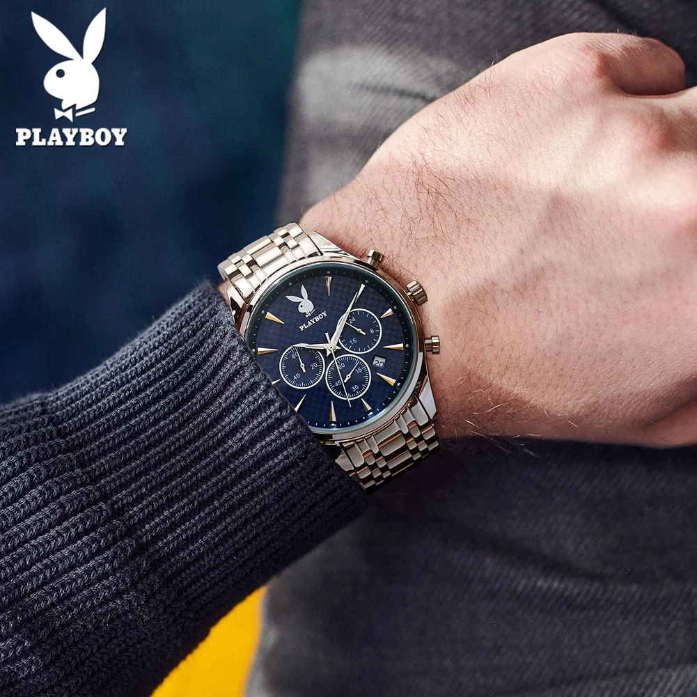 PLAYBOY Original Quartz Watch for Men Chronograph Business Men\'s Watches Waterproof Stainless Steel Luxury Brand Man Wristwatch