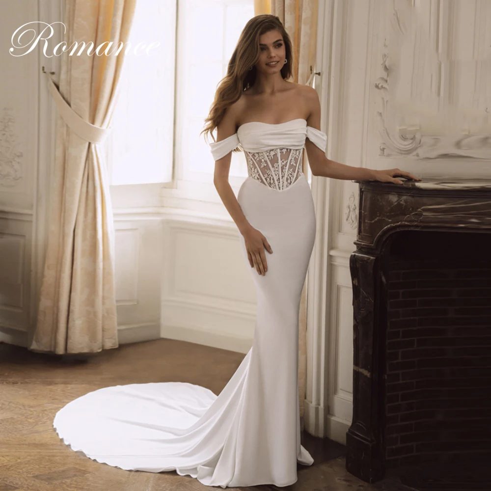 

Modern Lace Pleat Off The Shoulder Mermaid Wedding Dress Strapless Open Back Buttons Court Train Vestidos De Novia Customized