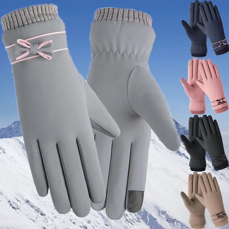 

Touchscreen Warm Gloves Waterproof Touchscreen Women Gloves Winter Anti-Slip Outdoor Ski Thermal Fleece Thicken Solid Bow Gloves