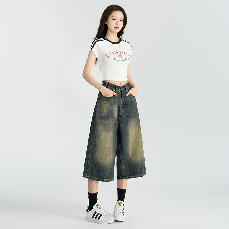 

Nostalgic Blue American Wide Leg Cropped Jeans Womens High Waist Slim Loose Drape Pants Vintage Retro Fashion Trendy Comfort