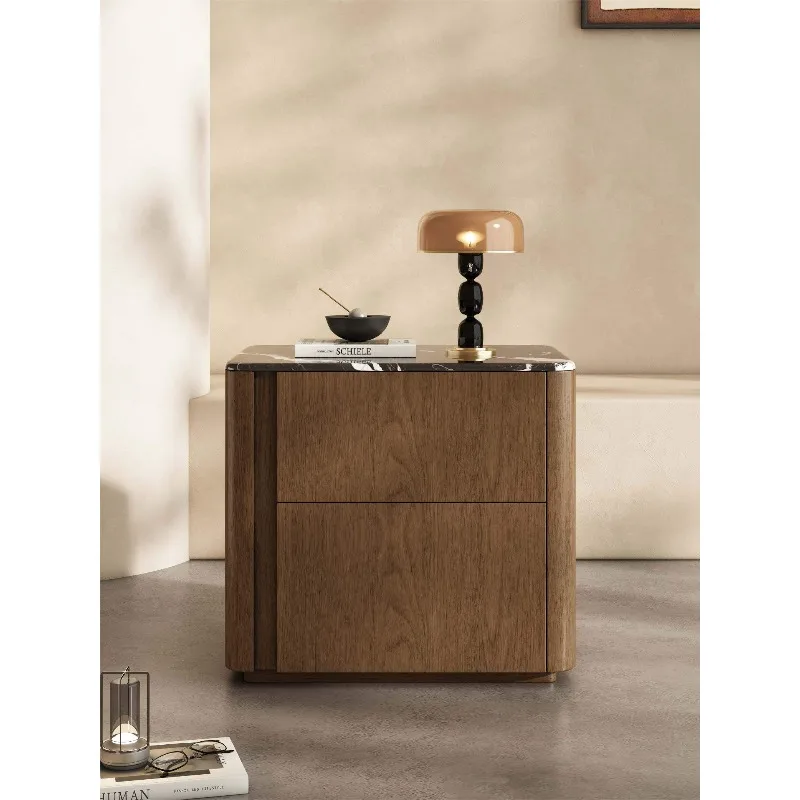 2026 simple Nordic all-solid wood microcrystalline stone bedside table light luxury rounded corner storage cabinet bedroom bedsi
