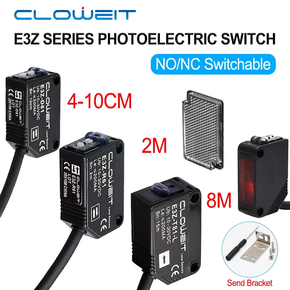 Cloweit Photoelectric Switch Diffuse Reflection DC12-24V Infrared Sensor with Bracket NPN PNP E3Z-D61/D81/R61/R81/LS61/LS81/T61