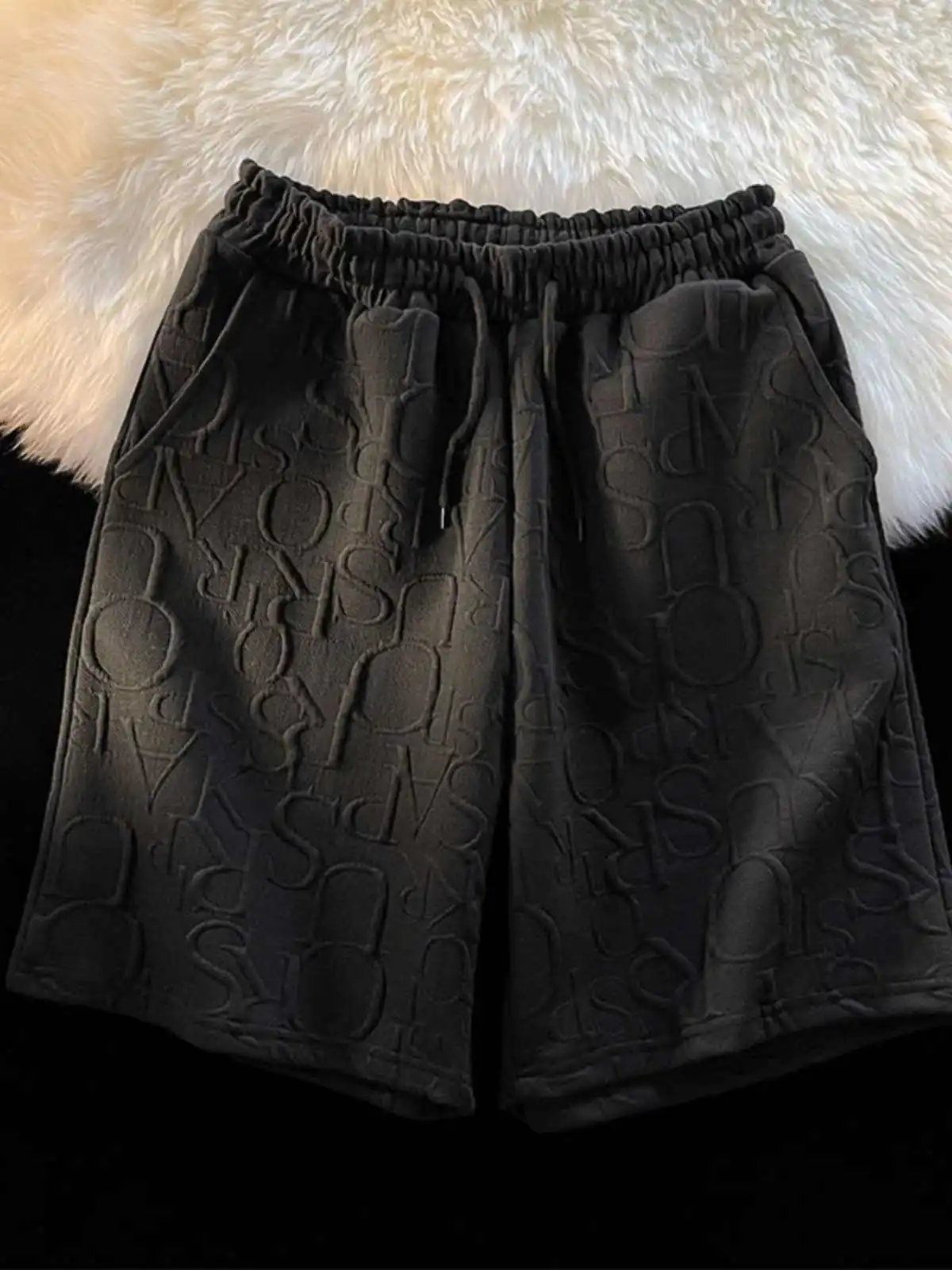 Summer Men Waffle Shorts Elastic Waist Letter Printed Knee-length Pants American Casual Fashion Loose Male shorts