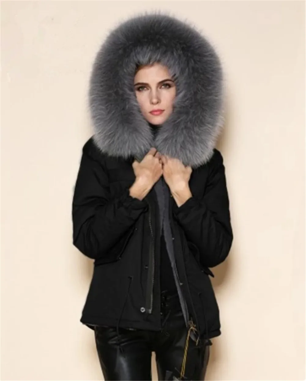 

Black Shell With Grey Faux Fur Style Ladies Winter Coat With Big Raccoon Fur Collar For Women And Men