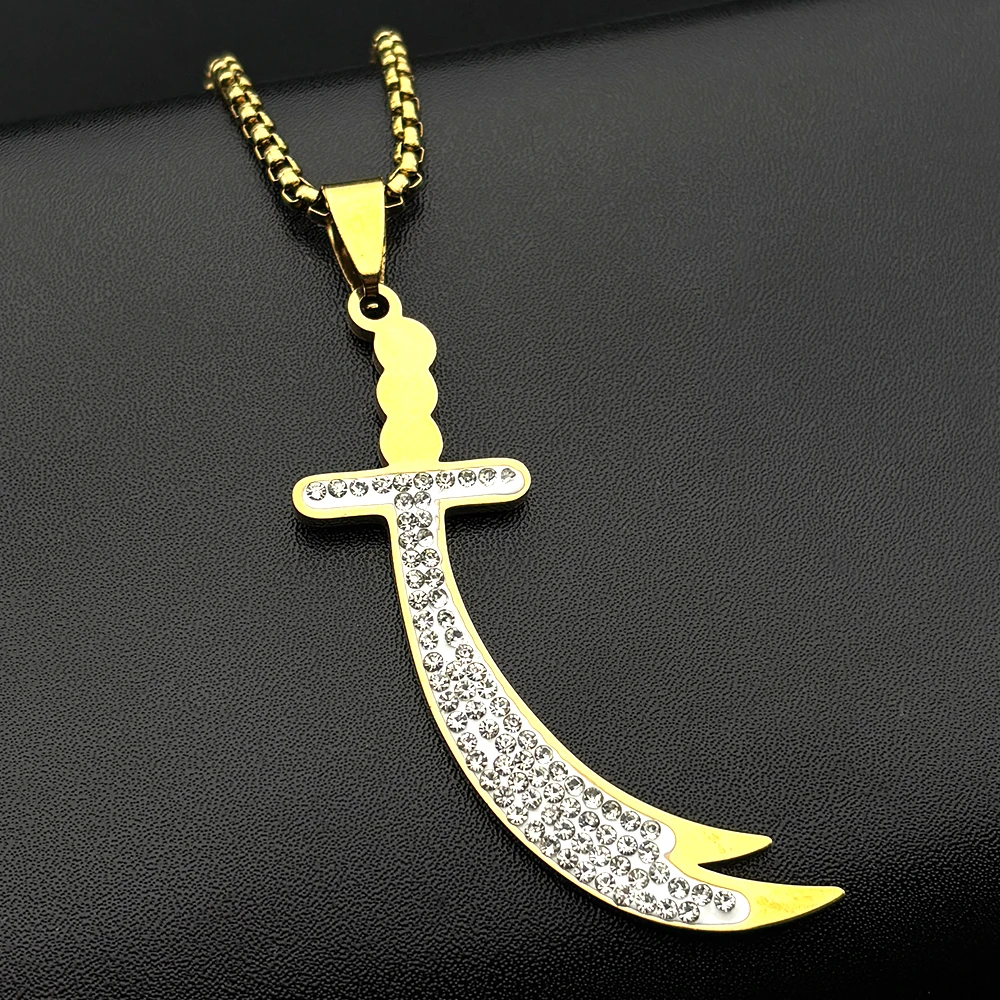 Islamic Imam Ali Zulfiqar Sword Pendant Necklace for Women Men Stainless Steel Gold Color Full Rhinestones Arabic Chain Jewelry