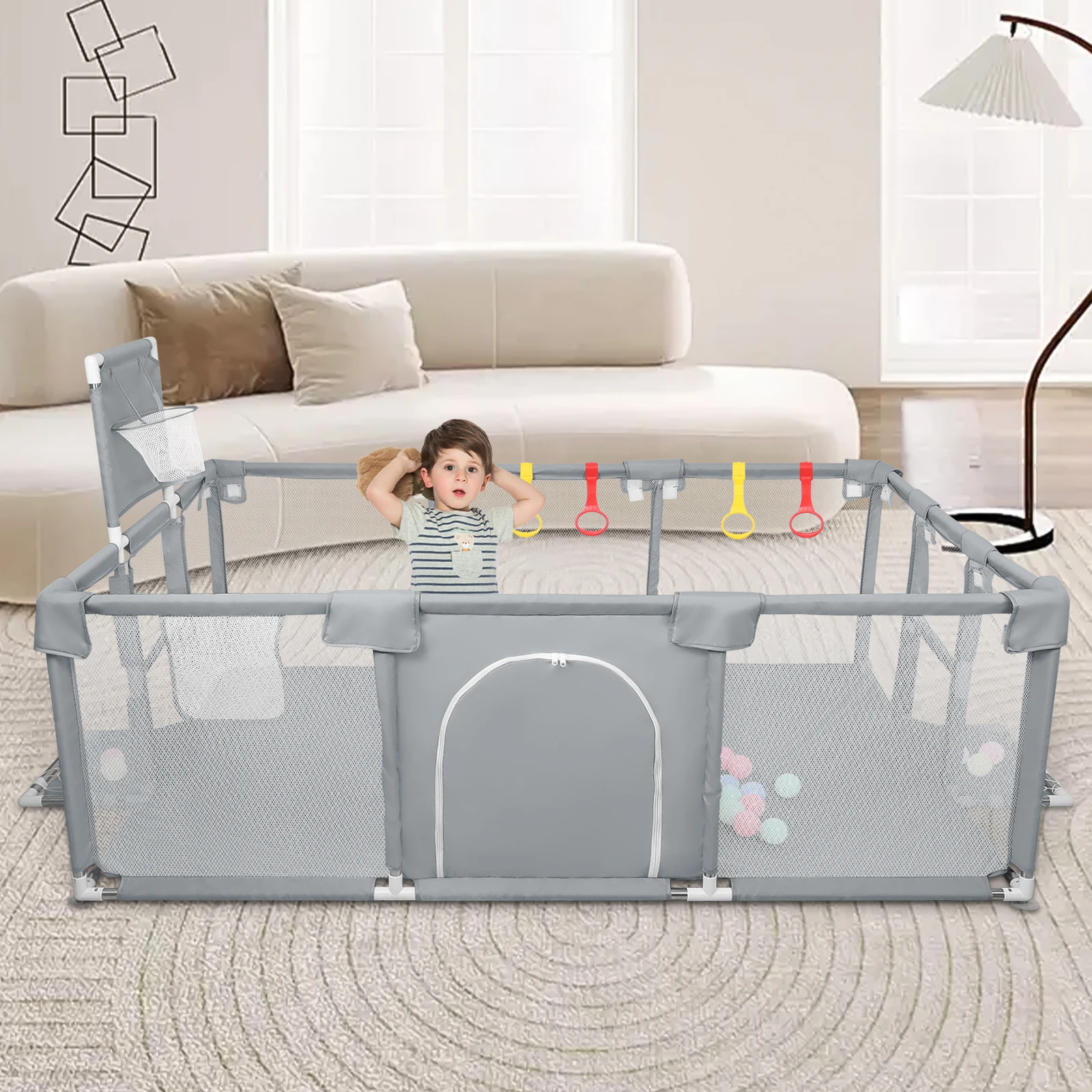 Babypark, 180 x 120 x 66 cm, Baby- und Kleinkinder Cloture XXL, 50 Ozeanbälle, mit Fußballtor und Korbkorb, 4 Traktionsringe, weiches, atmungsaktives Netz, Aktivitätszentrum, 4 Farben