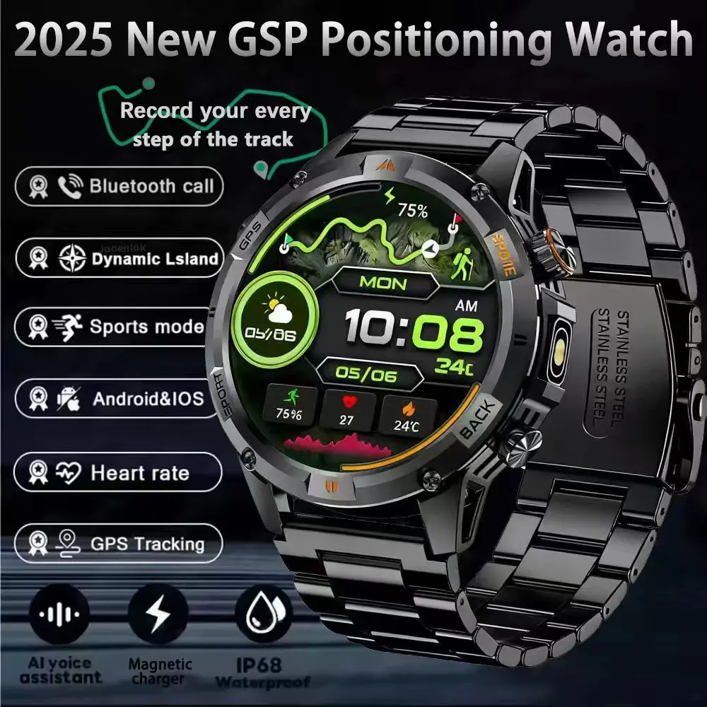 

2025 For Men's GPS Fitness Sports SmartWatch 1.46'' HD Compass Flashlight Heart Rate Bluetooth Call 580Mah Waterproof Smartwatch