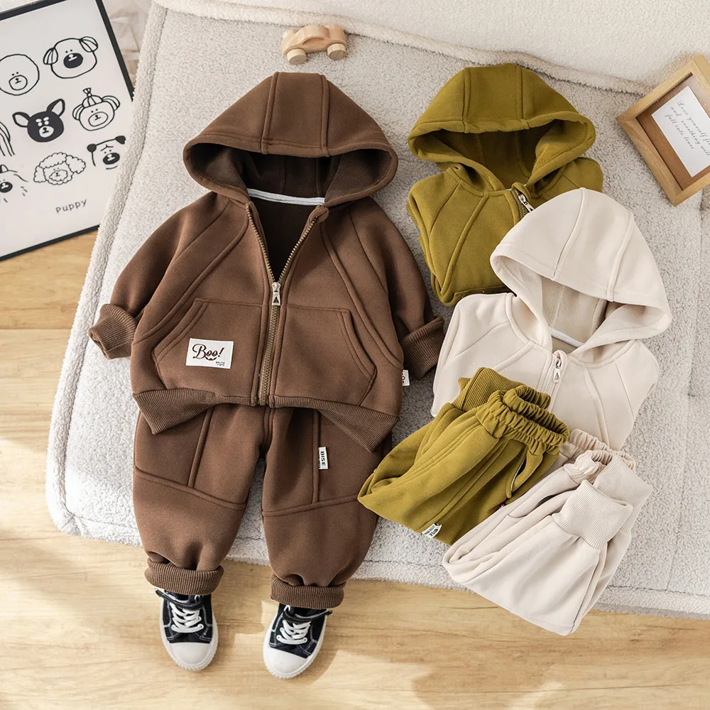 2025 Winter Boys Fleece-Lined 2-Piece Set with Hoodie & Pants Warm Cotton Blend Thermal Outfit for Toddler Jacket Trousers Sets