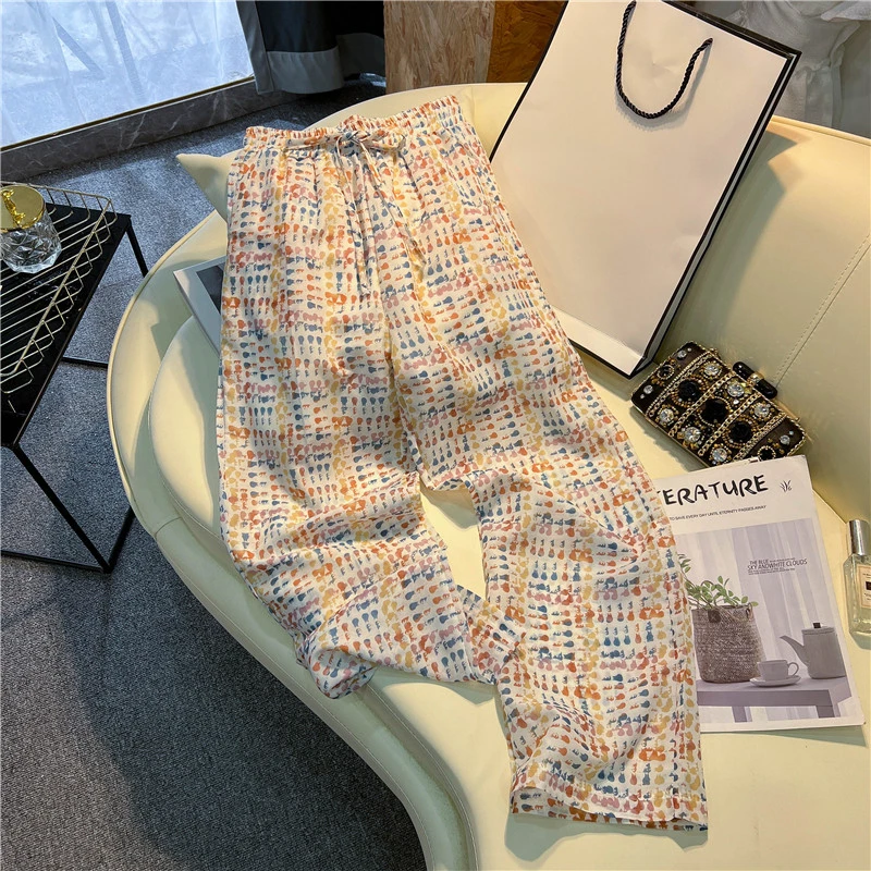 

Women Wide Leg Pants Oil Painting Print Trousers Summer Autumn Casual Loose Trouser Ladies Elastic Waist Flat Trousers 2022