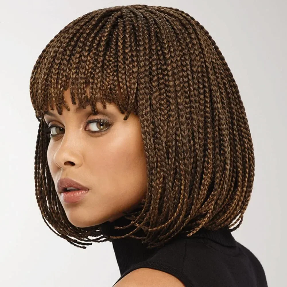 

Charming Short Passion Twist Braids Bob Wigs in Brown with Blunt Bangs Synthetic Hair for African Women Great for Daily Use