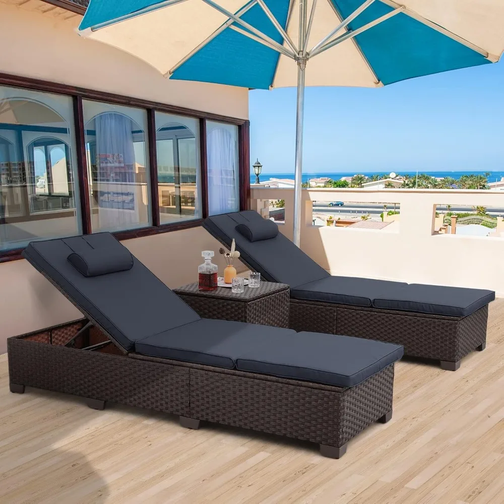 

Outdoor PE Wicker Chaise Lounge Set, Patio Lounge Chairs, Outside Poolside Lounger Furniture Set of 3, Brown Rattan Recliners wi