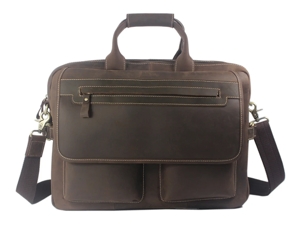 Vintage Crazy Horse Genuine Leather Briefcase Men Business Bag Portfolio 15.6