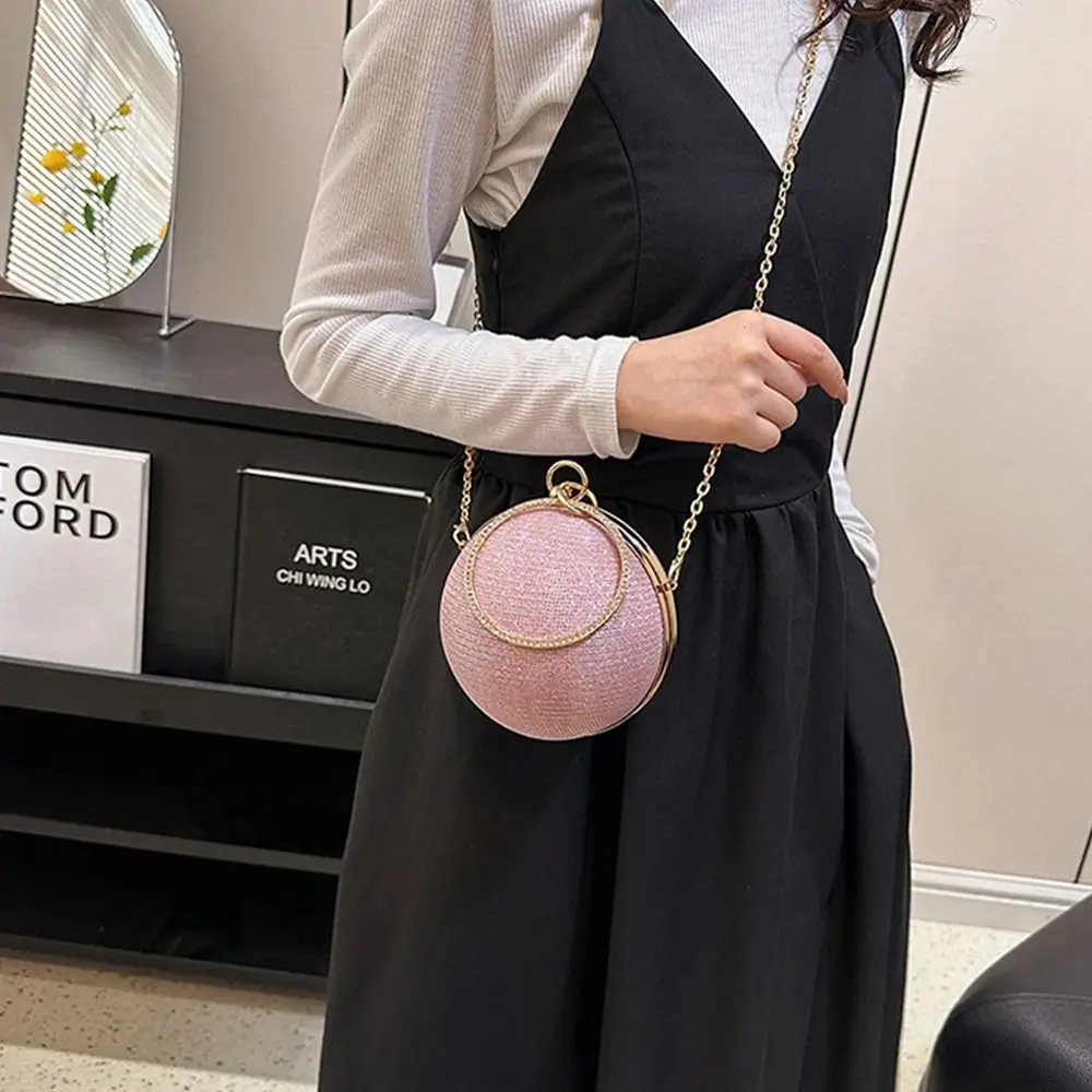 Gold Bright Silk Circular Evening Bag Women Banquet Clutch Rhinestone Decor Chain Shoulder Bags Luxury Female Party Handbags