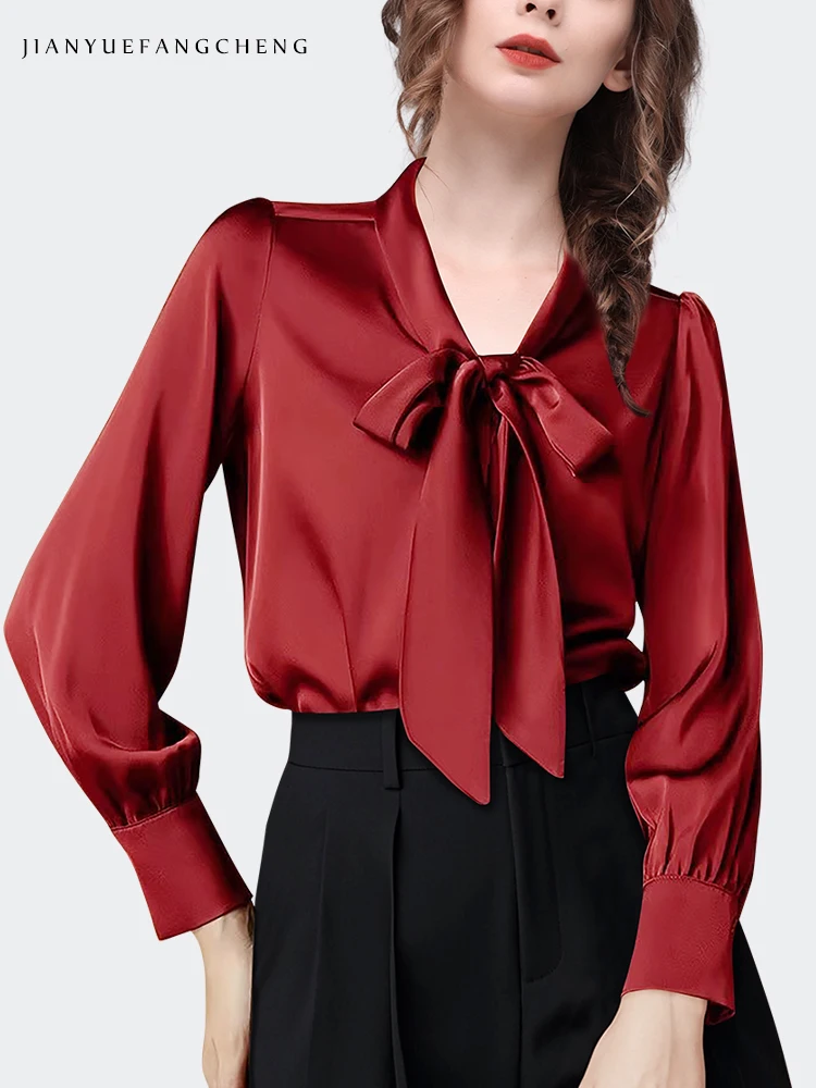 Fashion Long Sleeve Necktie Design Womens Wine Red Satin Blouse Loose-fitting Plus Size Fall Tops Gorgeous Rich Female Shirts