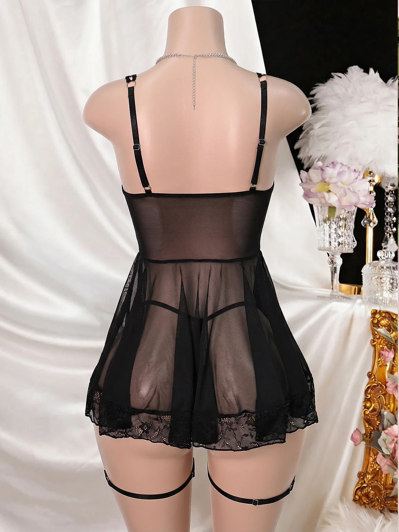 Black Pink Lace Semi Sheer Lingerie Set Front Lace Up Bow Slip Night Dress With Garter Straps Matching Thong Women Sexy Intimate