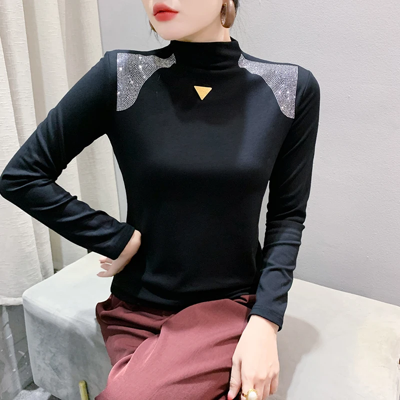 Black,Korean,Style,Winter,Cotton,T-shirt,Chic,Sexy,Mock Neck,Shiny,Diamonds,Women,Tops,Long Sleeve,Thick,Tees,2025,New,411502