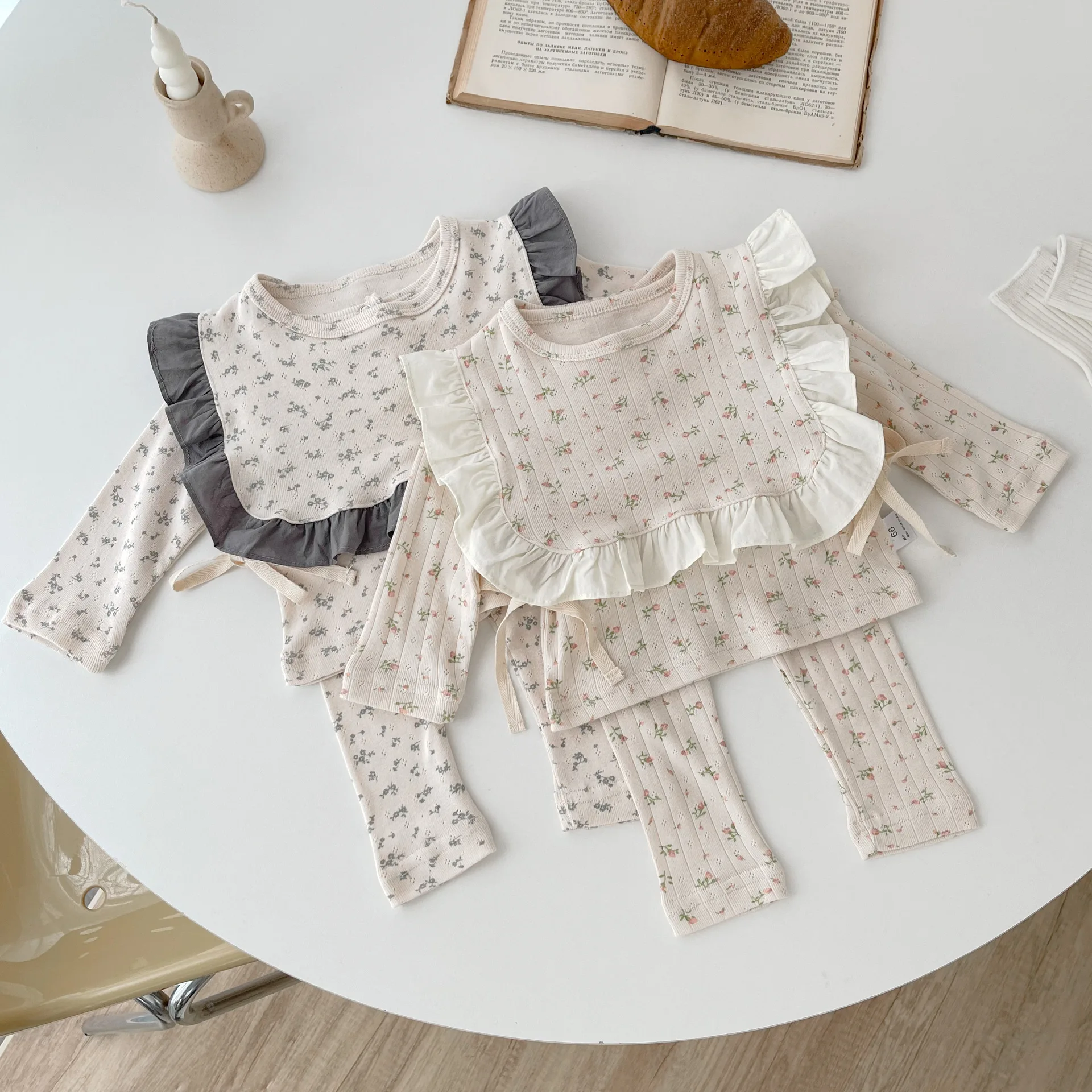 Autumn New Baby Girls Long Sleeve Clothes Set Infant Cute Floral Tops + Leggings + Bib 3pcs Suit Toddler Cotton Casual Outfits