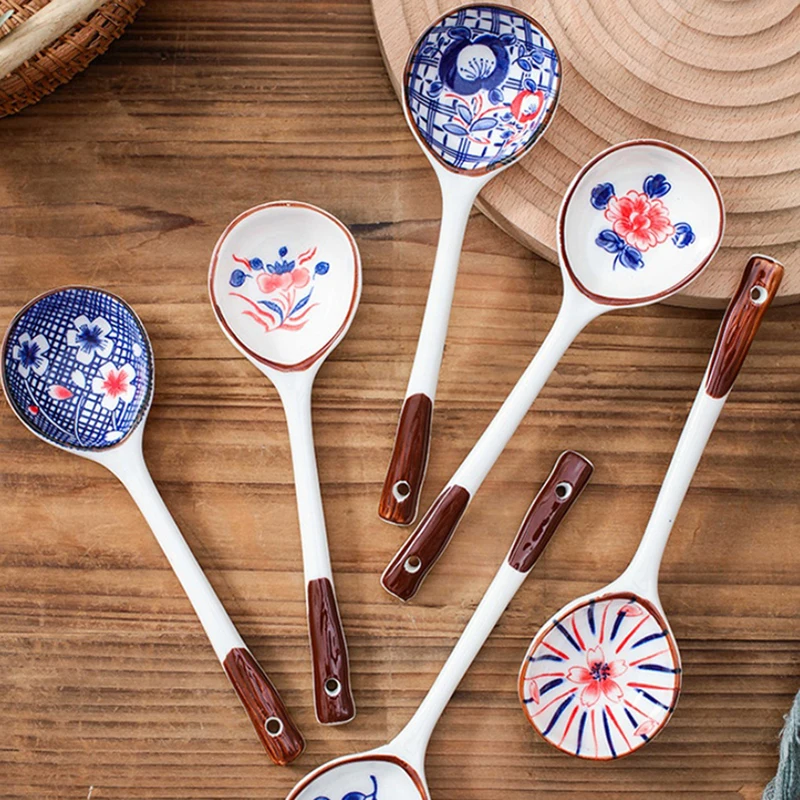 4/6Pieces Gift Set Household Ceramic Spoon Hand-painted High-value Long-handled Spoon Creative Dessert Spoon Outdoor Tableware