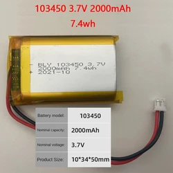 100% Real capacity103450 3.7V 2000mAh Polymer Lithium Rechargeable Battery for Camera Bluetooth Speaker PH 2.0mm 2pin plug