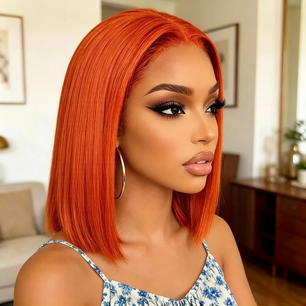 

13x4 Straight Orange Bob Human Hair Wig | Pre Plucked Lace Front, Natural Hairline for Women