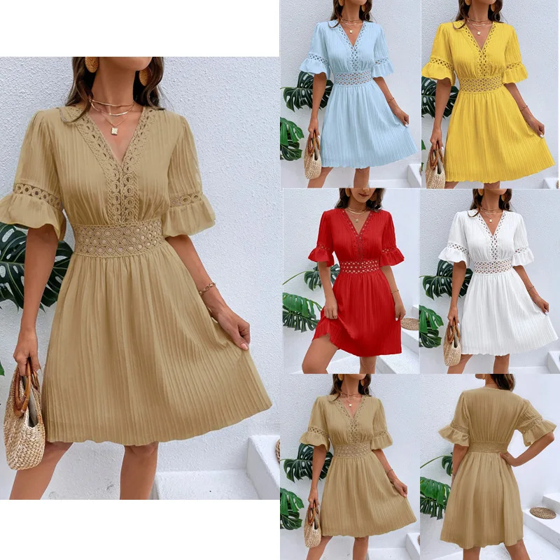 Vestidos Cortos Spring Summer Vneck Beach Vacation All-match Skirt Fashion Waist Solid Color Splicing Short-sleeved A-line Dress