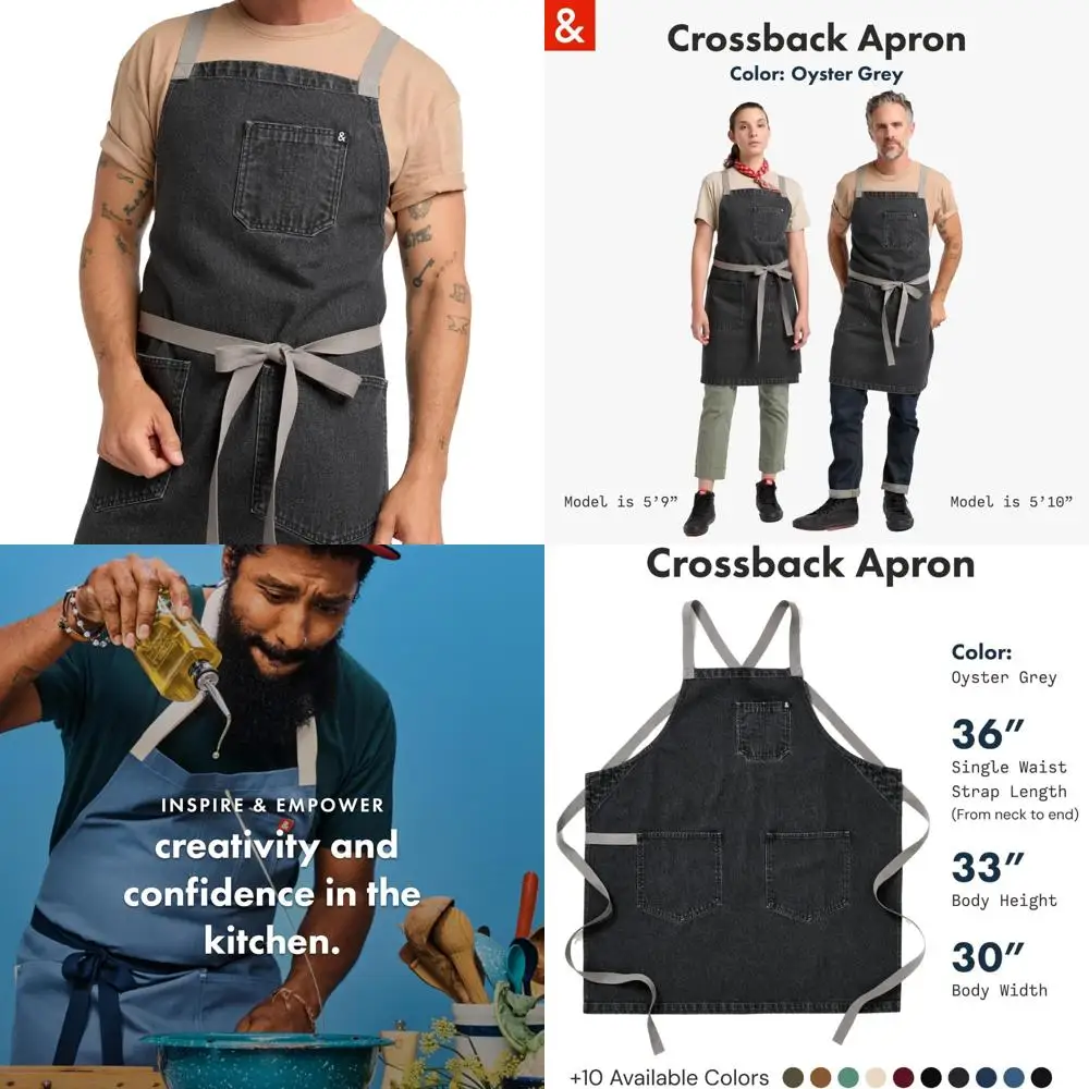 

Cotton Denim Chef Apron with Pockets - 8oz, Crossback Design, Oyster Grey, 100% Cotton, Kitchen Utility