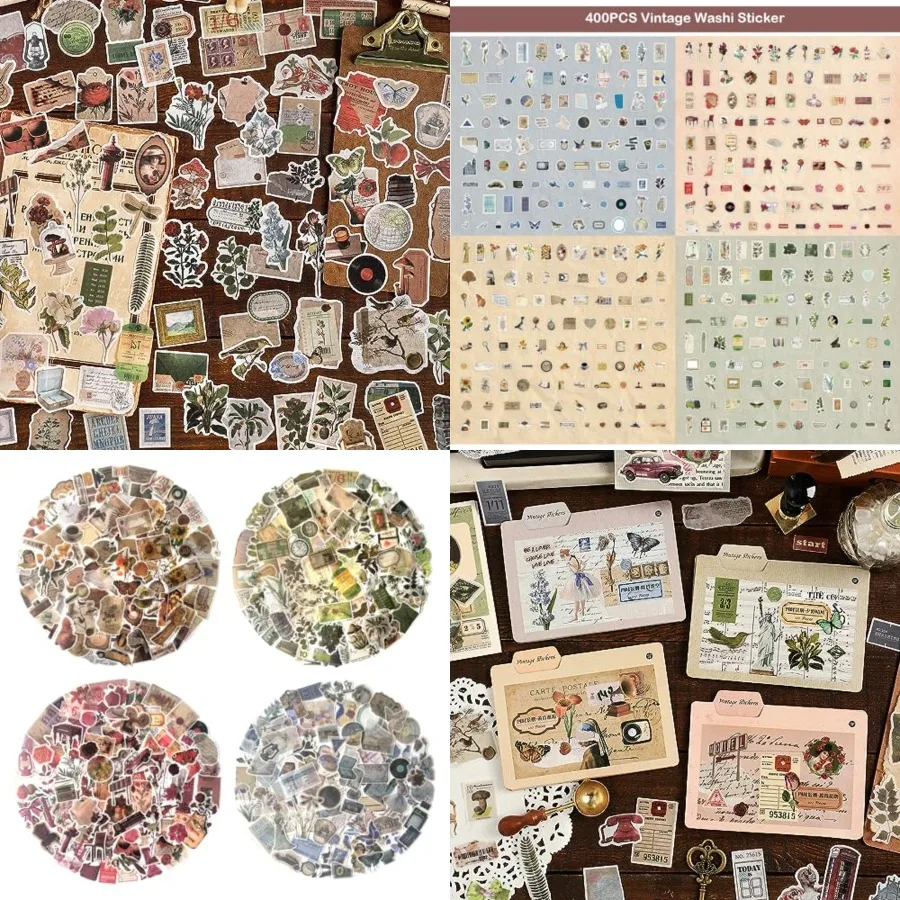 

Vintage Washi Sticker Set 400PCS Floral Retro Nostalgic Ephemera Stickers for Scrapbooking Journaling DIY Crafts Planner Diary