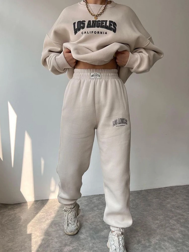 Warm Suit Autumn Winter Women Solid Set Elegant O-neck Pullover Hoodie And Pocket Trousers Two-Piece Set Lady Casual Loose Sets