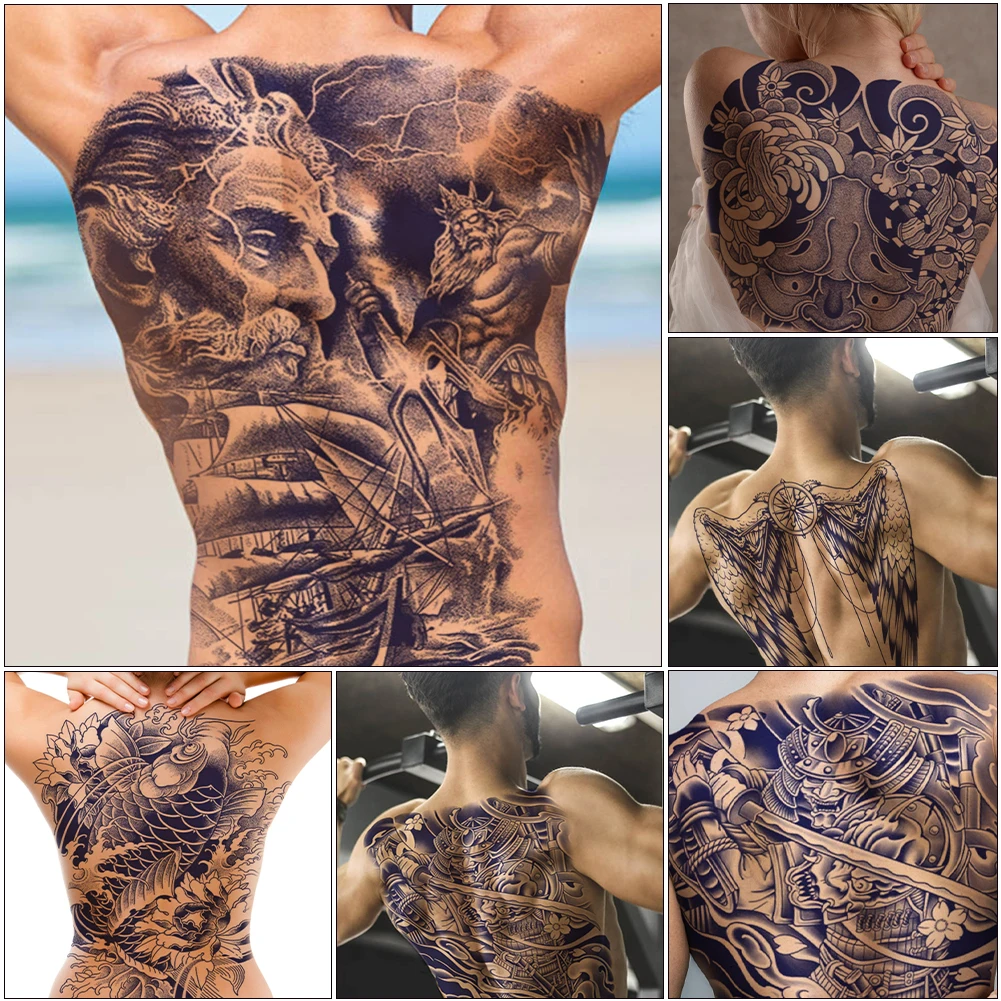 Full Back Covered Herbal Juice Tattoo Sticker Sea King 1PCS Semi Permanent Tattoo Sticker Demon Samurai for Adults Women Men