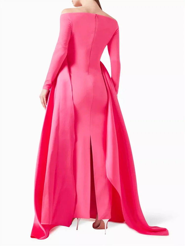 Hot Selling Boat Neckline Long Sleeves Crepe Straight Evening Dress Back Zipper Floor Length Draped Side Panels Gowns For Women