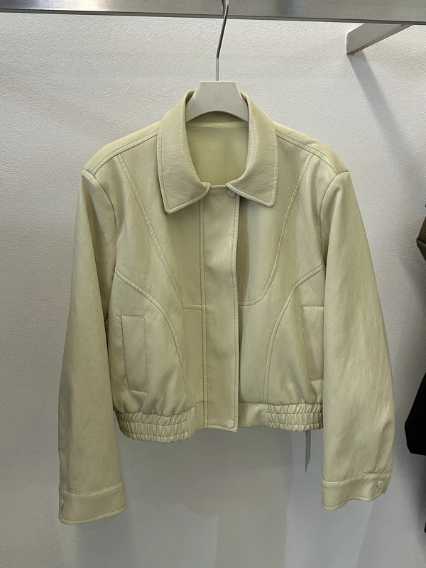 

Retro PU Leather Jacket Women's Simple Fashion Spring New Style Slimming Stand Collar Short Length Zipper Closure Coat