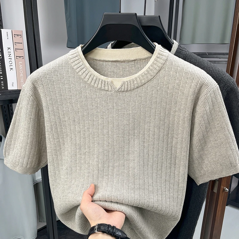 Cotton 100% new round neck fake two-piece knitted shirt short sleeved T-shirt fashionable casual simple trendy top