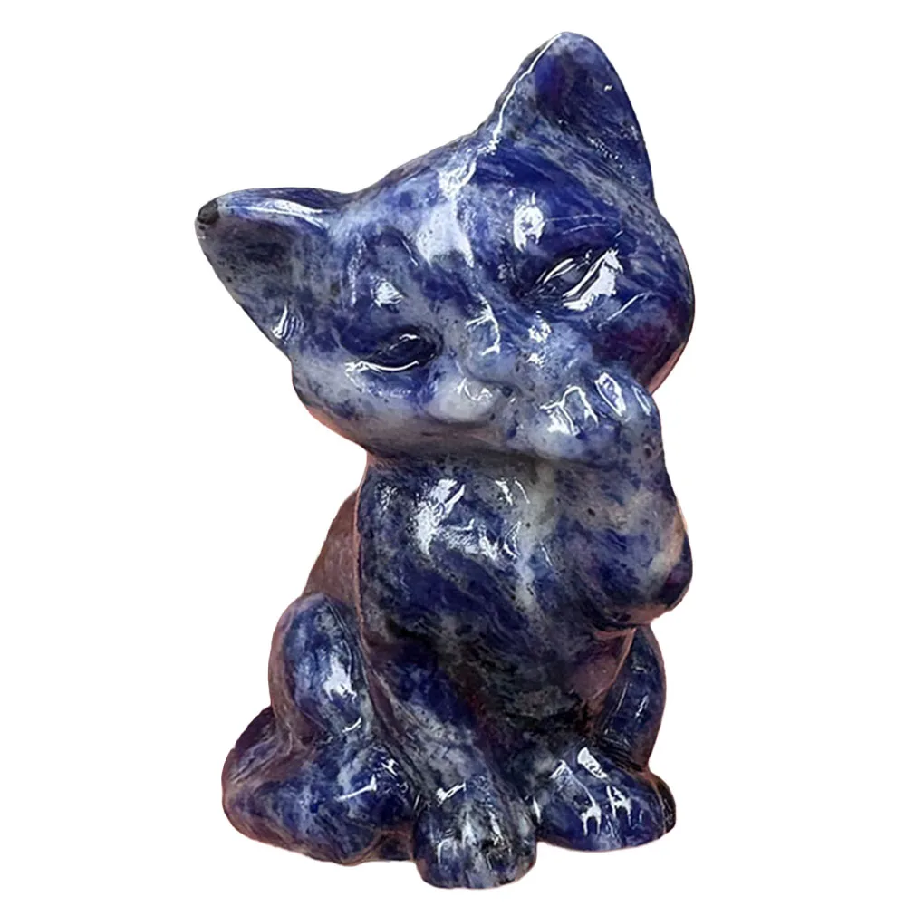 Custom 6cm Sodalite Cat Crystal Carving - Handcrafted Healing Gemstone Kitty Figurine for Home Decor
