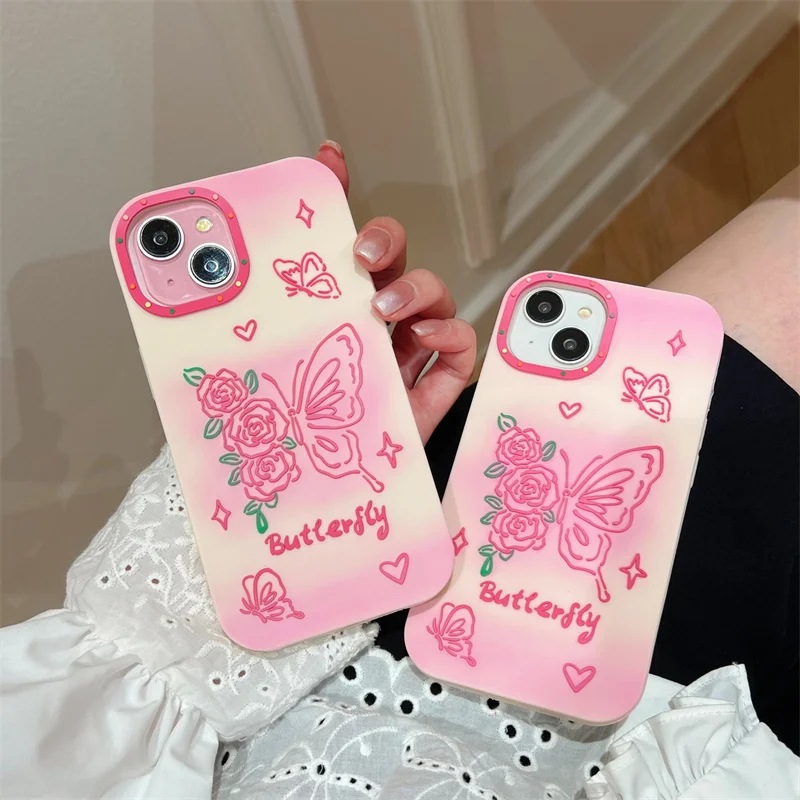 

Ins Pop lovely Butterfly flowe Pink 3D Case For iphone 15 13 14 Pro Max 12pro 13PM 15promax Girl gift Soft Silicone Cute Cover