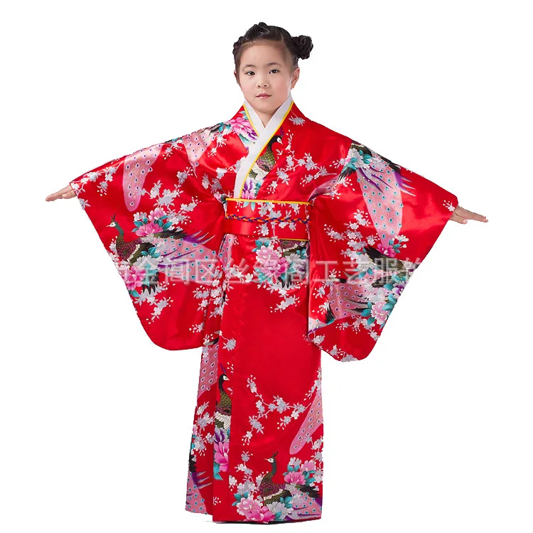 Childrens Japanese Traditional Kimono Girls Floral Yukata Bathrobe Cosplay Dress for Elementary School Show Photoshoot