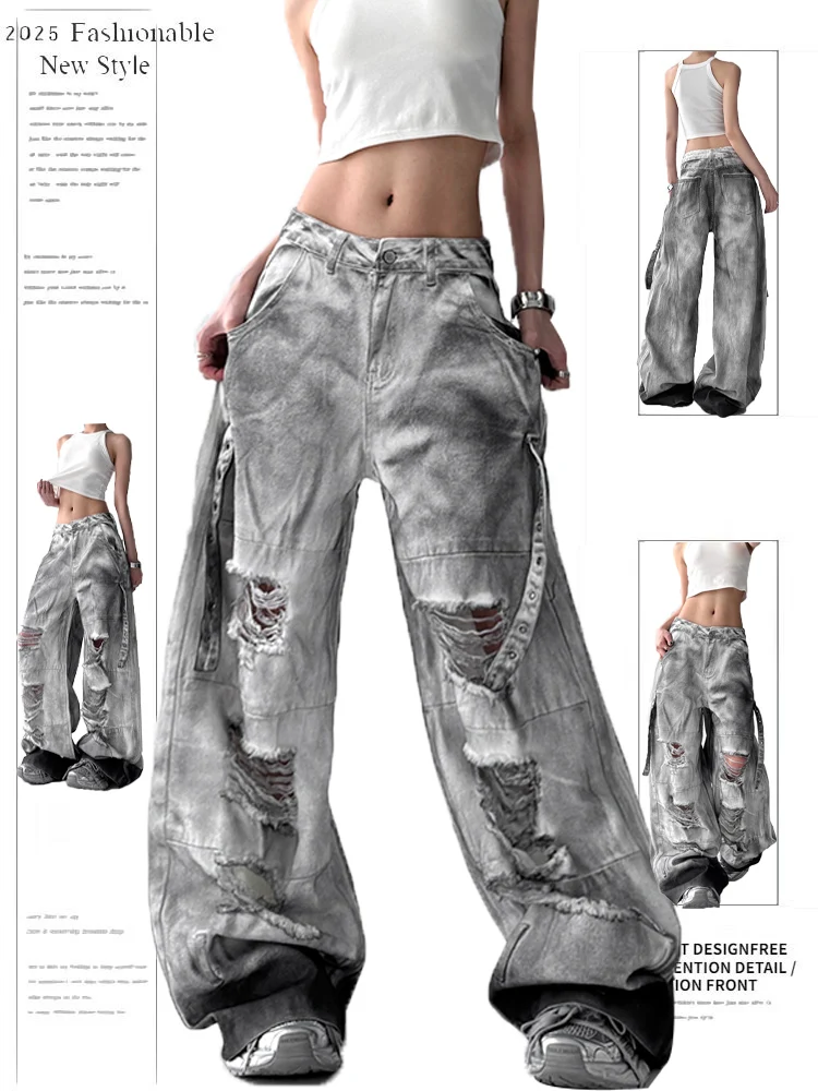 

Джинсы с широкими штанинами, женские джинсы с несколькими карманами, американские уличные брюки, летние модные брюки прямого кроя с высокой талией