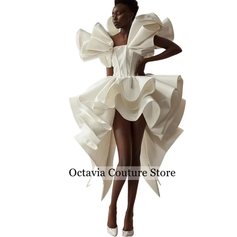 White Satin Irregular Skirt High/Low Sexy Prom Dresses Short Sleeves Ankle Length Bar Mitzvah Graduation Ceremony Party Dress