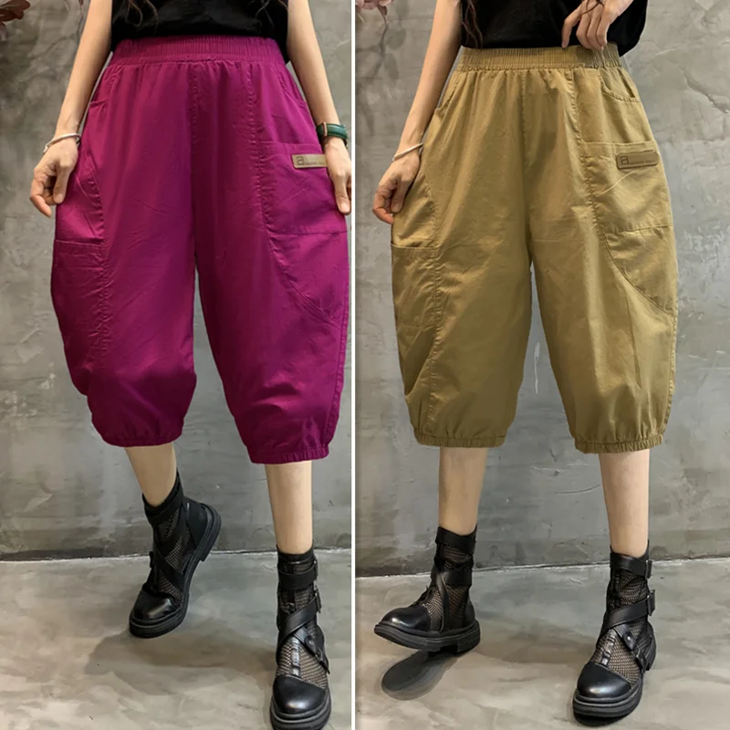 Fashionable Harlan Seven-Foot Pants Women's Five-Point Casual Pants Elastic Waist Shorts Stylish Personality Summer Cotton
