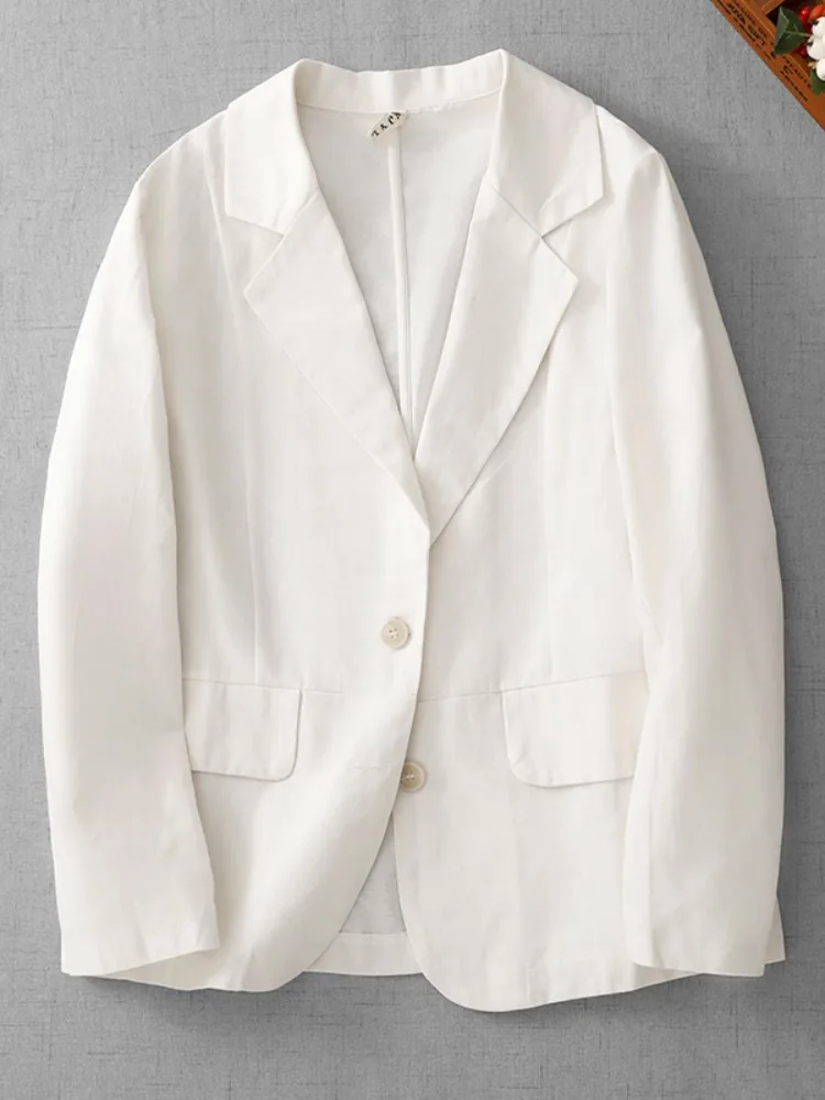 Elegant Pure Color Linen Suit Jacket Women's Long Sleeve Casual Cotton Linen Open Cardigan Top Spring Fashion Outerwear