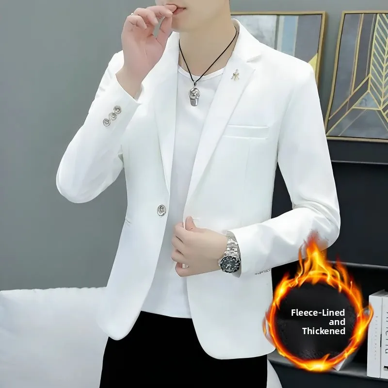 

Men's Fce Lined Slim Fit Thiened Autumn Winter Suit Briti Sle Long Sve Single Button Pure Color Faionable Outer...