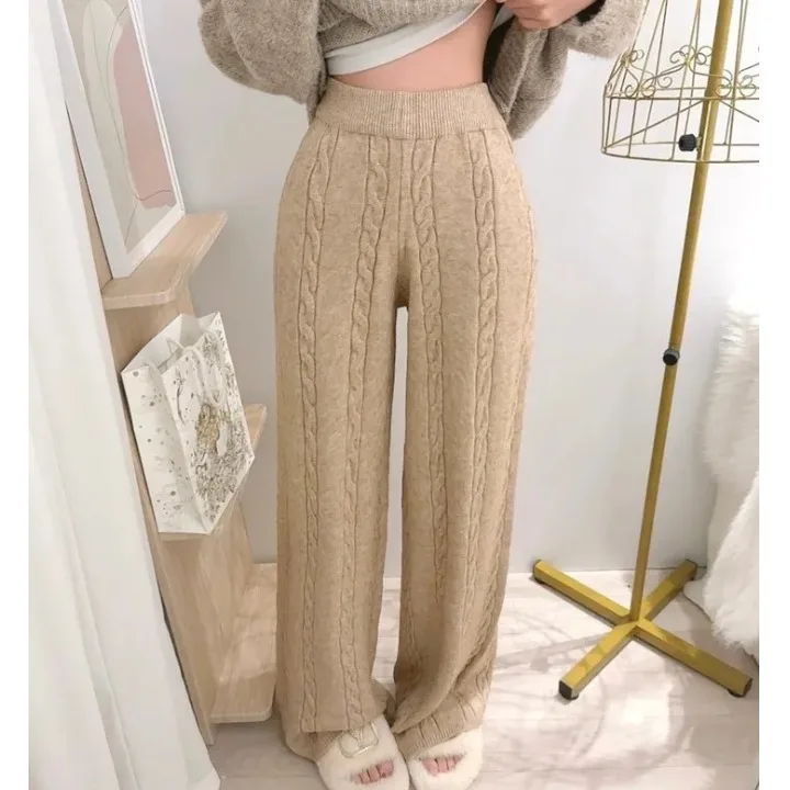Thiened gebreide casual broek dames hoge taille rechte pijpen losse pasvorm herfst winter warme wijde pijpen lange broek